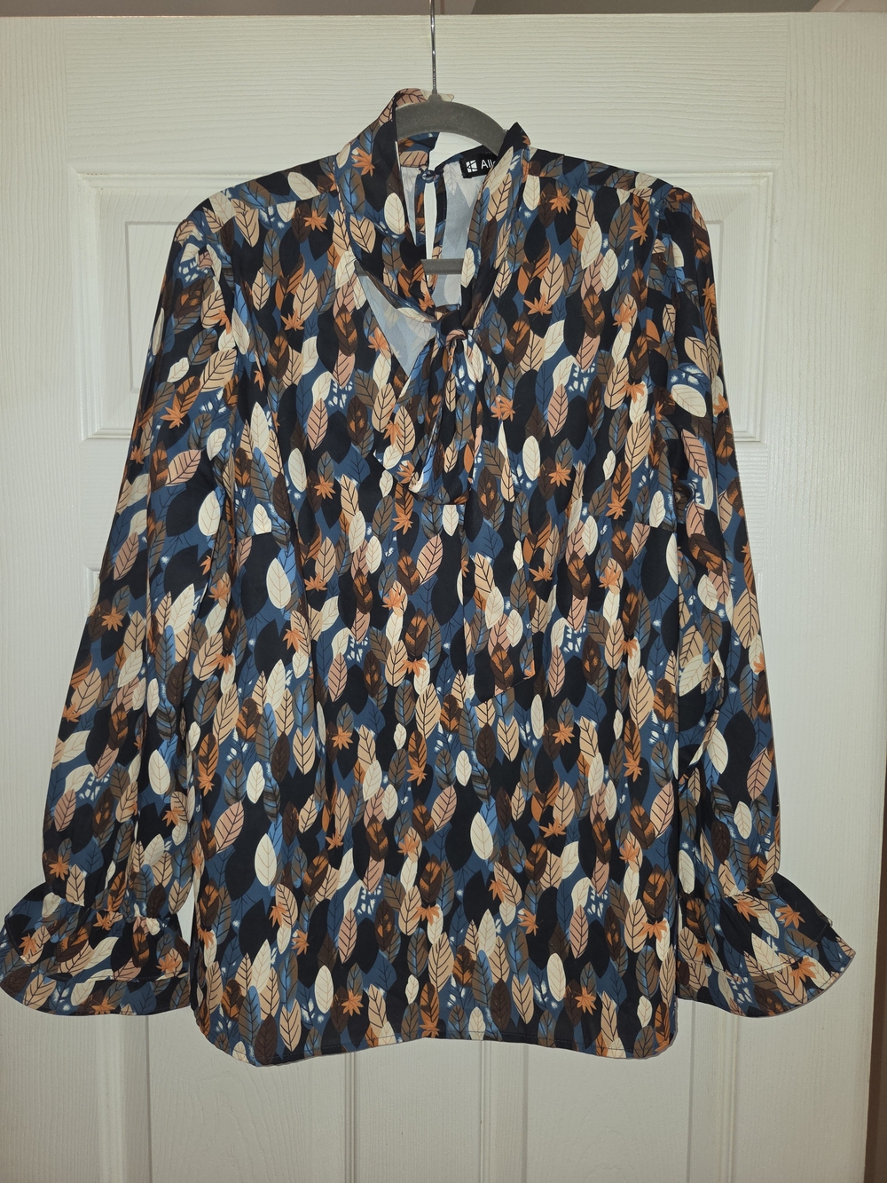 Alfani Navy Leaf-Print Tie-Neck Blouse